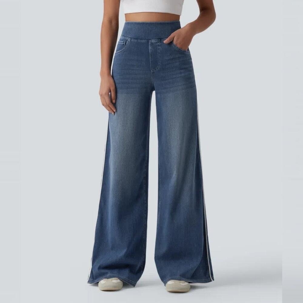 NWT Halara Flex High Waisted Stripe Wide Leg Flowy Washed Casual Jeans Size MR - Picture 3 of 8